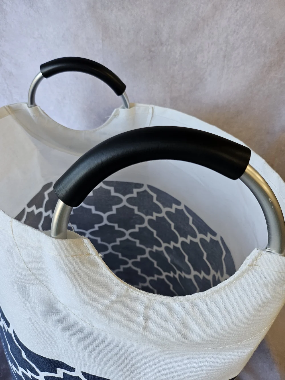 Canvas Laundry Basket Tote with Navy Geometric Pattern